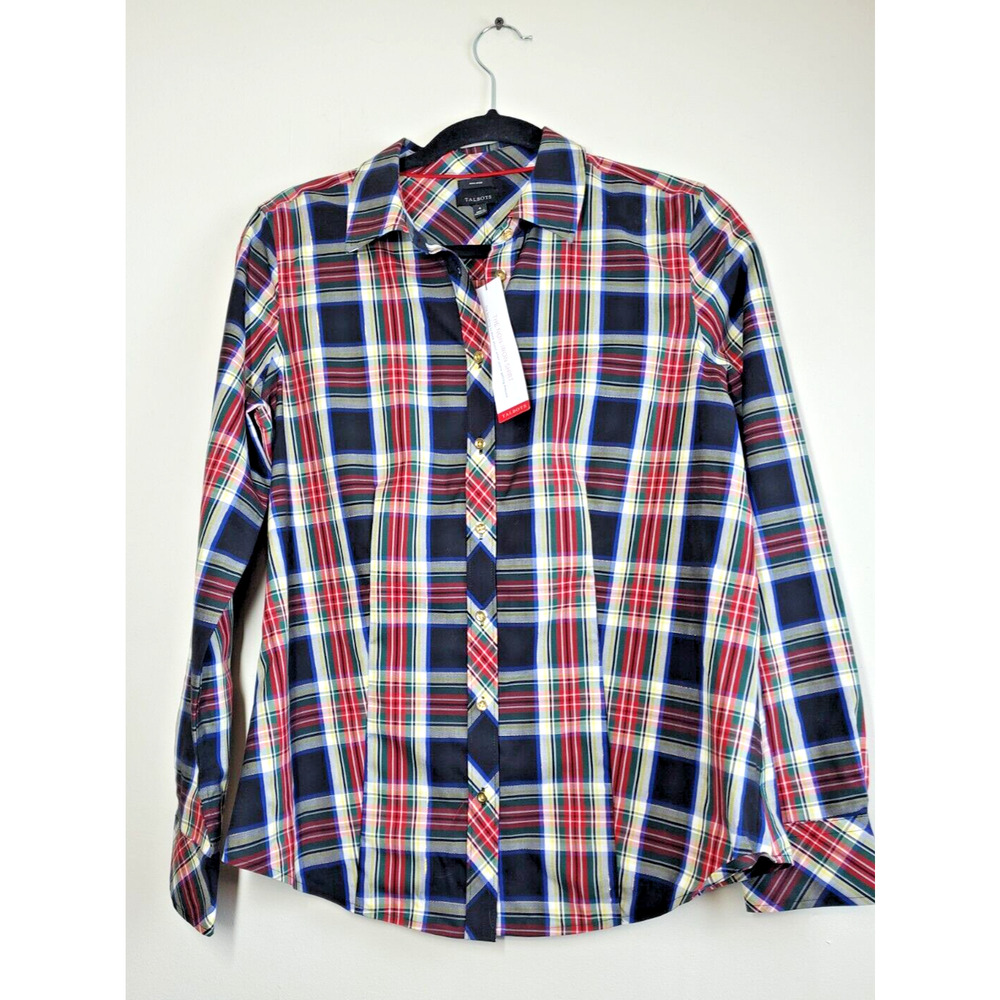 NEW Talbots Button Down Top Womens‎ 4 Plaid Long Sleeve Holiday Gold Metallic